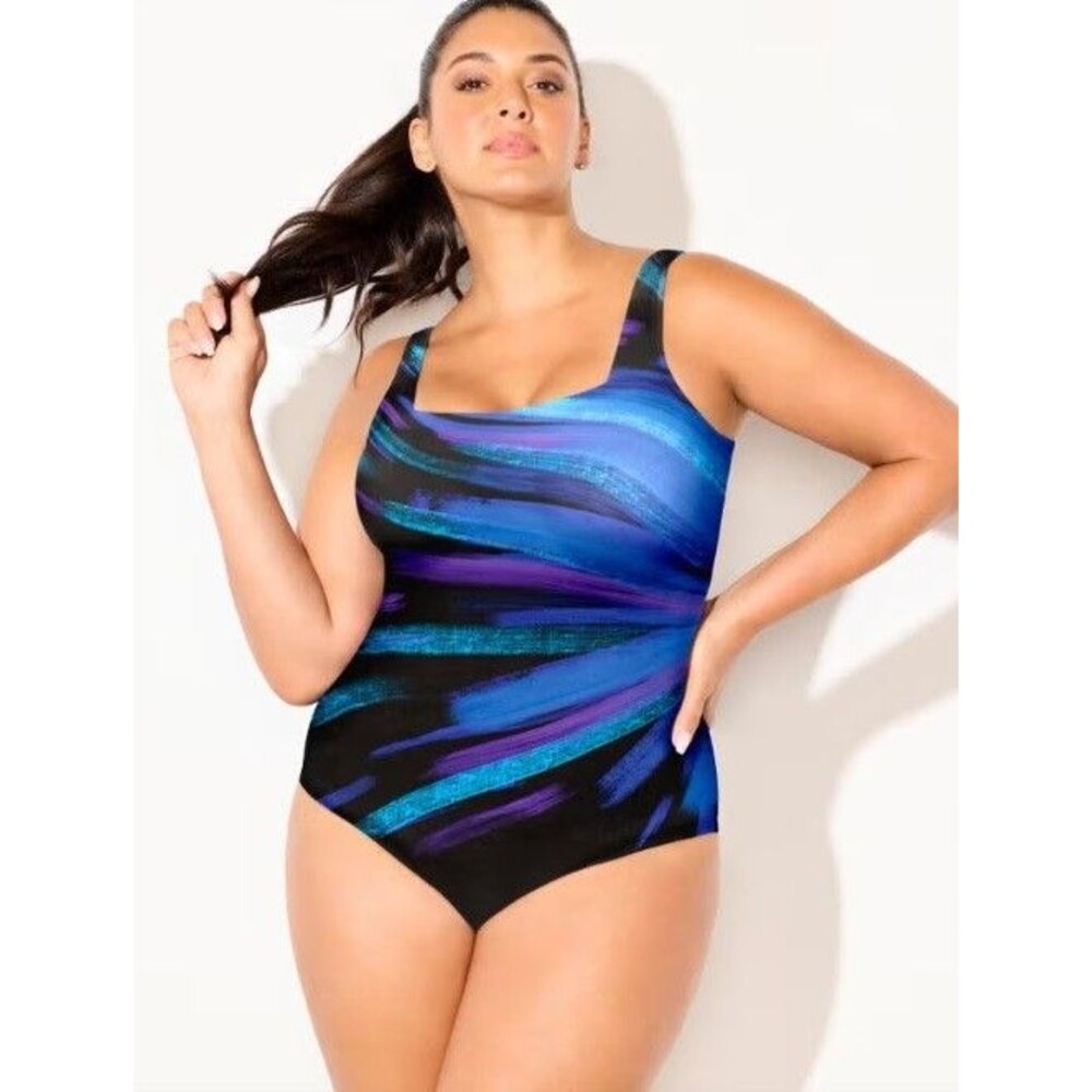 NWT Swimsuits For All - One Piece Square Neck Tummy Control Multi Padded Sz 26